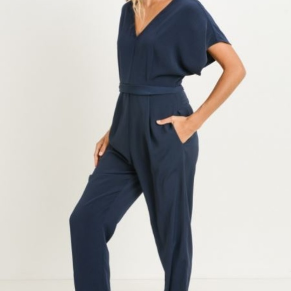 Navy Blue V-Neck Jumpsuit – Elegant & Minimalist Style - Picture 1 of 7